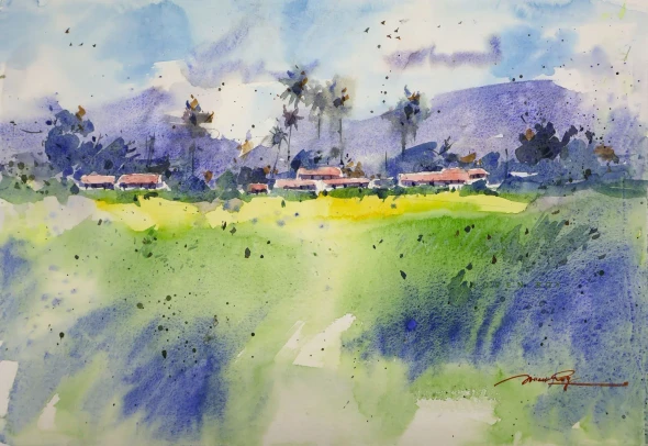 Sky Above, Green Below (ART-5774-123171) - Handpainted Art Painting - 20in X 14in