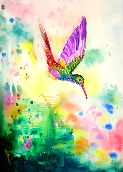 Colorful Hummingbird Watercolor Painting. (ART-18629-123157) - Handpainted Art Painting - 12in X 16in