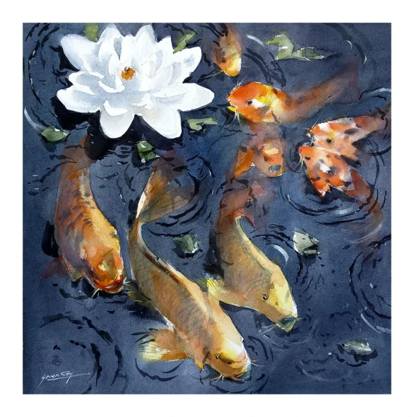 Fortune Fish (ART-5774-123095) - Handpainted Art Painting - 22in X 22in