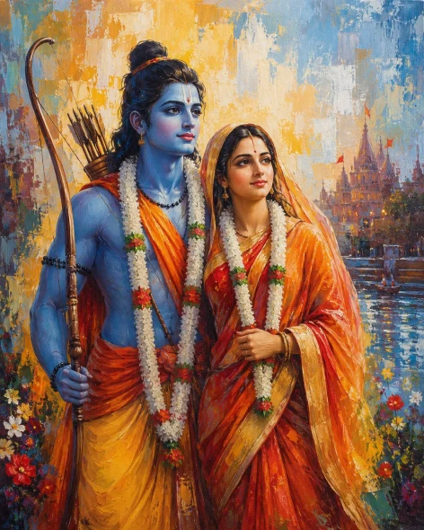 Eternal Devotion – Lord Ram And Sita Spatula Style Art (ART-3319-122991) - Handpainted Art Painting - 36in X 48in