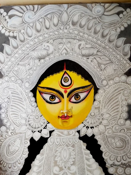 Maa Durga Divine Face Painting/Bengali Chandan Art (ART-18655-123204) - Handpainted Art Painting - 14in X 18in