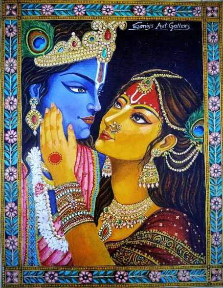 Eternal Love Of Radhakrishnan Painting/Handmade Artwork (ART-18655-123205) - Handpainted Art Painting - 14in X 18in