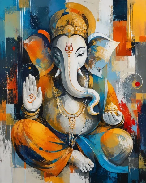 Divine Blessings – Handmade Lord Ganesha Canvas Painting (ART-3319-123191) - Handpainted Art Painting - 24in X 36in