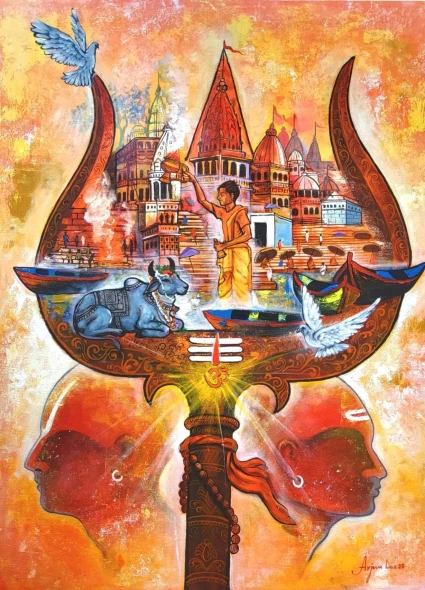 Eternal Of Varanasi (ART-82-123183) - Handpainted Art Painting - 36in X 48in