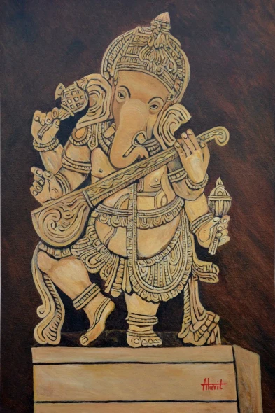 Ganesha Playing Veena (PRT-2948-123212) - Canvas Art Print - 12in X 18in