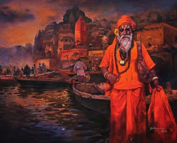 Benaras Ghat (PRT-18009-123259) - Canvas Art Print - 30in X 24in