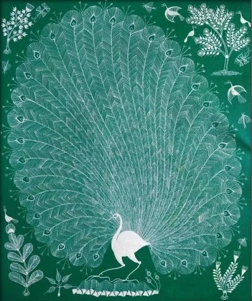 Emerald Peacock In Full Glory (ART-7213-123296) - Handpainted Art Painting - 12in X 10in