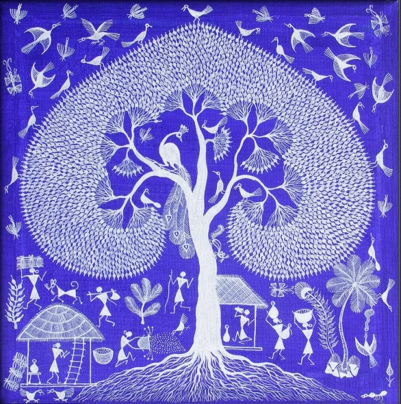 Life Beneath The Peepal Tree (ART-7213-123295) - Handpainted Art Painting - 12in X 12in