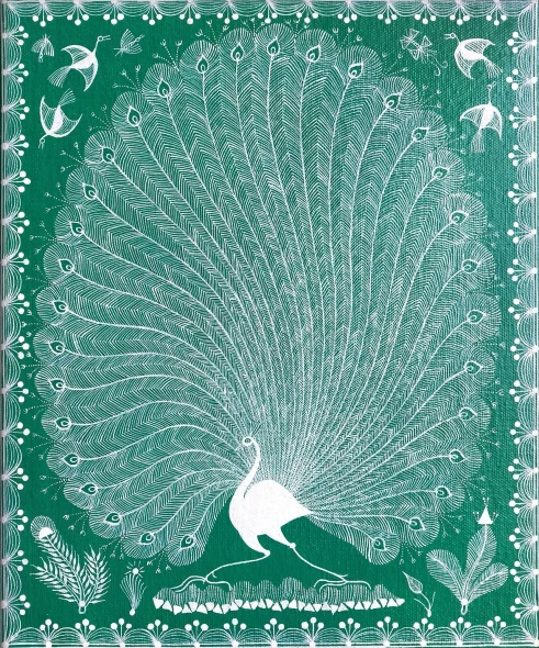 Dance Of The Majestic Peacock (ART-7213-123294) - Handpainted Art Painting - 12in X 10in