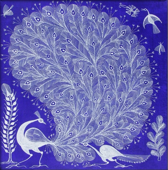 The Peacock's Romance (ART-7213-123293) - Handpainted Art Painting - 9in X 9in