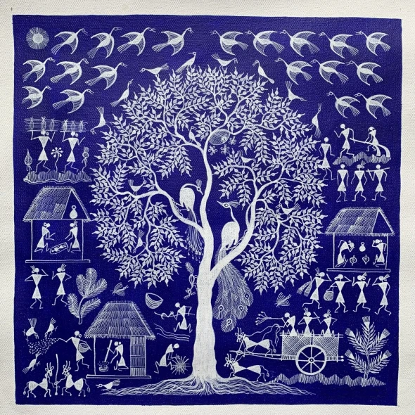 Village Life Around The Tree Of Life (ART-7213-123291) - Handpainted Art Painting - 12in X 12in