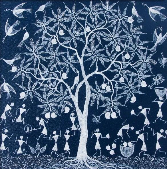 Life Around The Mango Tree (ART-7213-123288) - Handpainted Art Painting - 9in X 8in