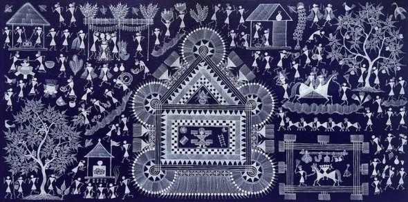 The Sacred Union – A Warli Wedding Celebration (ART-7213-123278) - Handpainted Art Painting - 24in X 12in