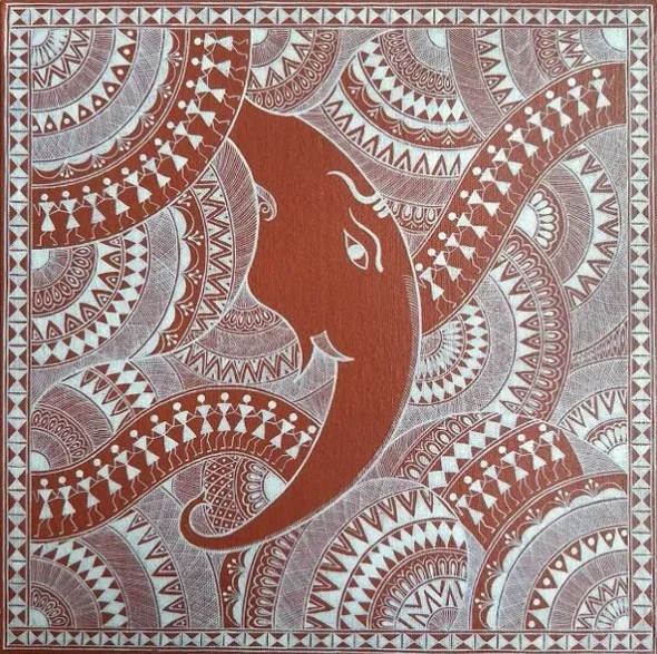 Vighnaharta – The Divine Warli Ganesha (ART-7213-123275) - Handpainted Art Painting - 12in X 12in