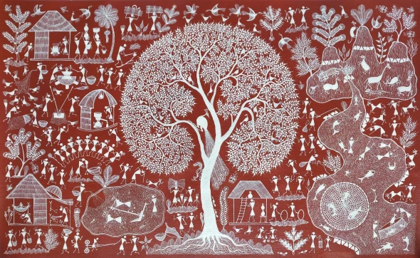 The Tree Of Life – A Warli Tapestry Of Tribal Life (ART-7213-123272) - Handpainted Art Painting - 24in X 15in