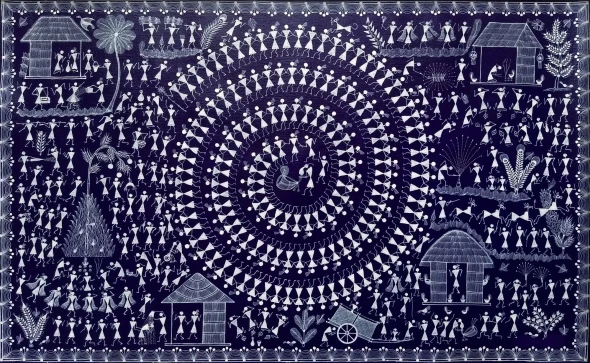 Circle Of Celebration – The Warli Festivities (ART-7213-123273) - Handpainted Art Painting - 24in X 15in