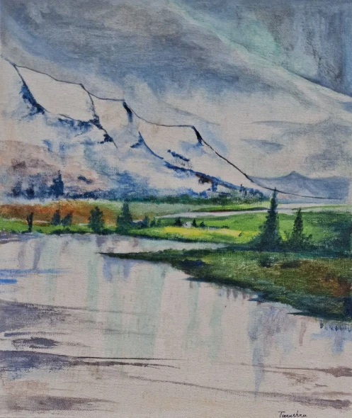 `Mountain Lake Reflection | Serene Landscape Acrylic Painting` (ART-18670-123251) - Handpainted Art Painting - 10in X 12in