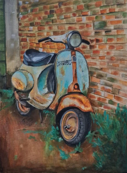 Vintage Scooter | Rustic Lambretta Painting On Brick Wall (ART-18670-123249) - Handpainted Art Painting - 12in X 16in