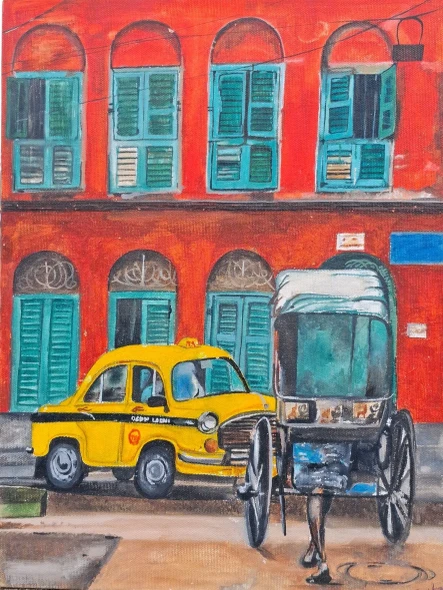Kolkata Street | Yellow Taxi And Hand-pulled Rickshaw Acrylic Painting (ART-18670-123247) - Handpainted Art Painting - 12in X 16in