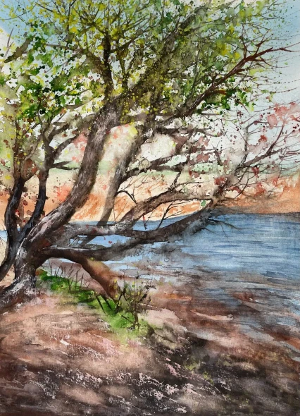Serene Lakeside Tree (ART-8841-123321) - Handpainted Art Painting - 11in X 14in