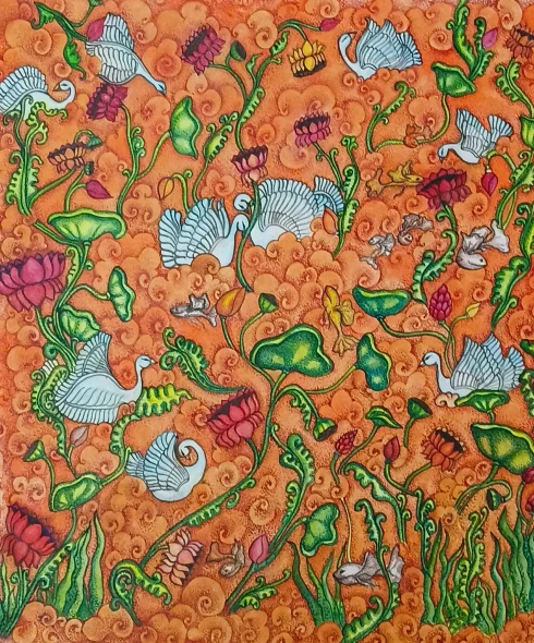 Hamsa Sarovar (ART-17306-123320) - Handpainted Art Painting - 25in X 28in