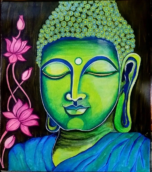Handmade Buddha Painting/Green Meditation Canvas Art For Peace And Home Decor (ART-18655-123311) - Handpainted Art Painting - 10in X 12in