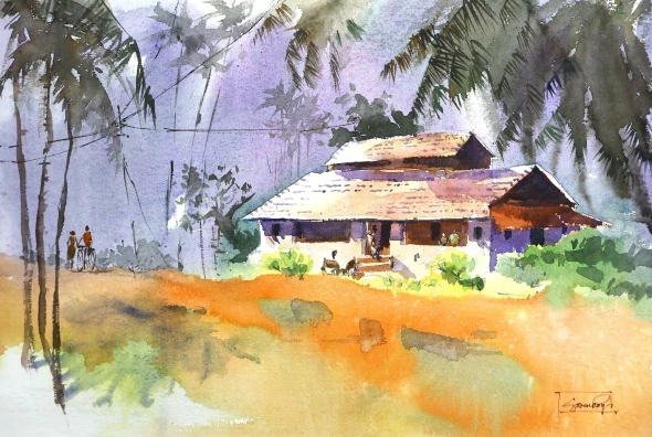 Where The Palms Whisper (ART-5774-123310) - Handpainted Art Painting - 22in X 15in