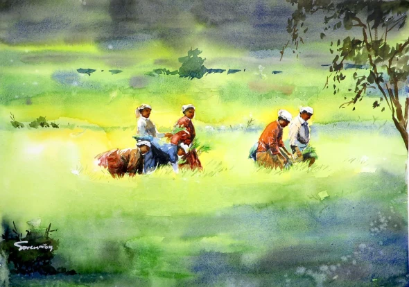 Among The Paddy Fields (ART-5774-123307) - Handpainted Art Painting - 20in X 14in