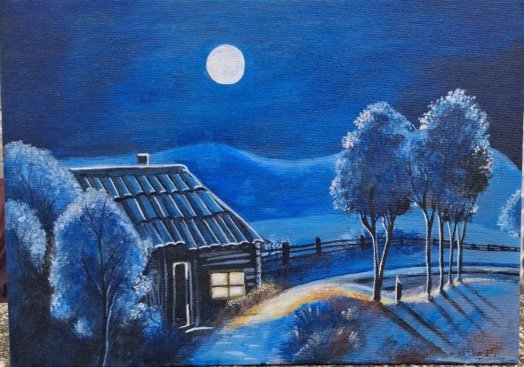 Moonlight Cottage | Acrylic Painting On Canvas Board (ART-18670-123241) - Handpainted Art Painting - 14in X 10in
