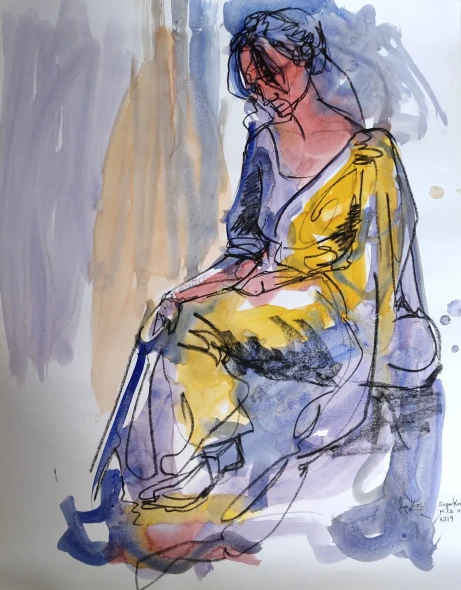 The Woman Series - 1 (Woman In Thought) (ART-18692-123240) - Handpainted Art Painting - 22in X 28in