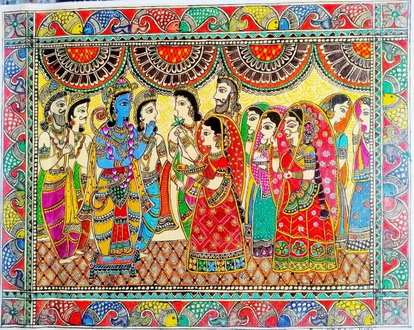 Handmade Sita Ram Vivah Madhubani Painting (ART-18655-123238) - Handpainted Art Painting - 14in X 18in