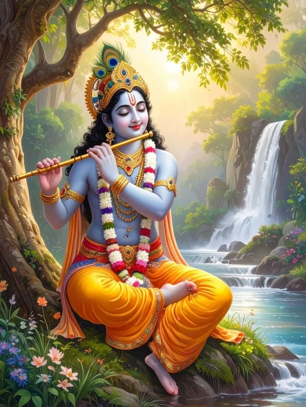 बांसुरी की तान में बसती है कान्हा की मुस्कान (PRT-17594-123335) - Canvas Art Print - 36in X 48in