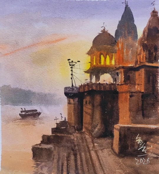 Banaras Ghat (PRT-7901-123440) - Canvas Art Print - 38in X 42in