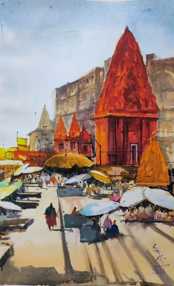 Banaras Ghat (PRT-7901-123437) - Canvas Art Print - 22in X 36in