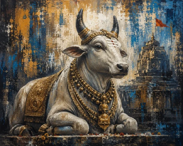 Divine Nandi Bull And Temple Textured Acrylic Painting (ART-3319-123473) - Handpainted Art Painting - 40in X 30in