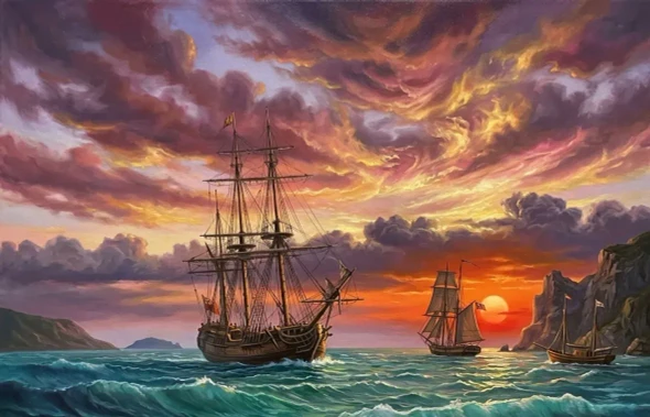 Ocean Sunset Ships Sailing Landscape Painting (ART-3319-122700) - Handpainted Art Painting - 48in X 36in