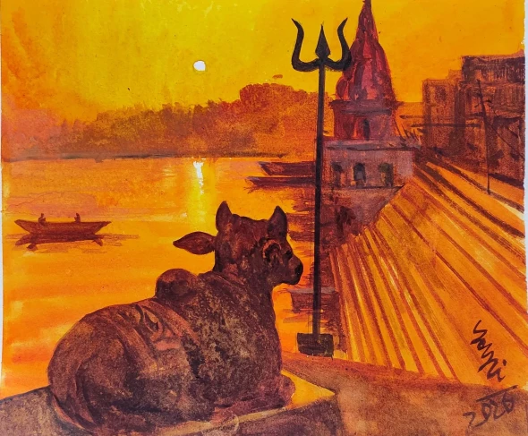 Nandi In Varanasi Sunset Time (ART-7901-123430) - Handpainted Art Painting - 11in X 10in