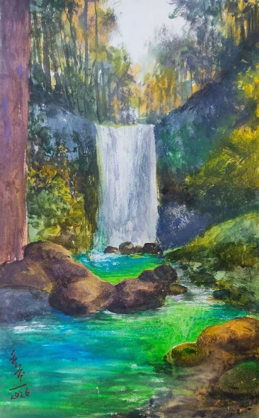 Waterfall (ART-7901-123424) - Handpainted Art Painting - 14in X 22in