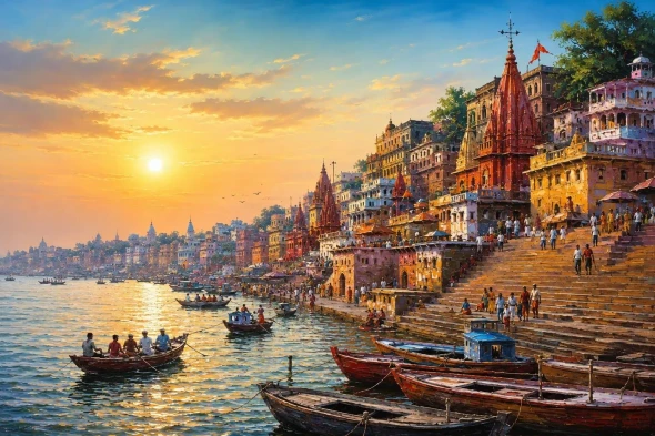 Varanasi Ghat Painting (ART-3319-123420) - Handpainted Art Painting - 48in X 36in