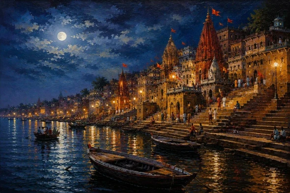 Varanasi Ghat Painting (ART-3319-123419) - Handpainted Art Painting - 48in X 36in