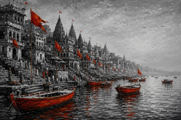 Varanasi Ghat Painting (ART-3319-123416) - Handpainted Art Painting - 48in X 36in