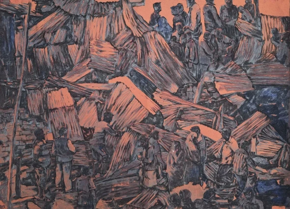 Slum Eviction (ART-18009-123391) - Handpainted Art Painting - 40in X 28in