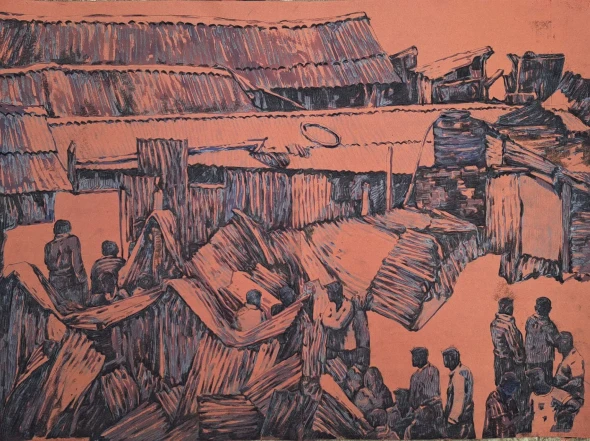 Slum Eviction (ART-18009-123390) - Handpainted Art Painting - 40in X 28in