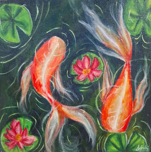 Koi In Pond (ART-18644-123370) - Handpainted Art Painting - 12in X 12in