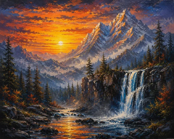 Mountains Sunset Waterfall Scenery Landscape Painting (ART-3319-123472) - Handpainted Art Painting - 48in X 36in
