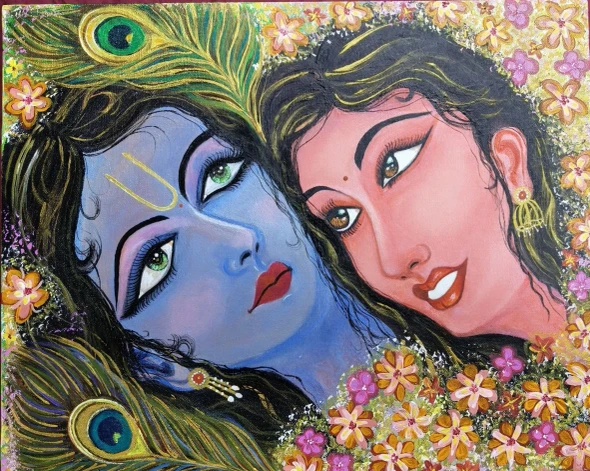 RadhaKrishna: One Soul, Two Forms (ART-18617-123464) - Handpainted Art Painting - 16in X 20in