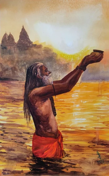 Varanasi Sadhu In Morning Shan (ART-7901-123427) - Handpainted Art Painting - 14in X 22in