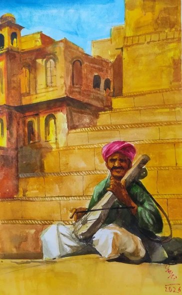 Rajasthani Painting With Architecture (ART-7901-123425) - Handpainted Art Painting - 14in X 22in