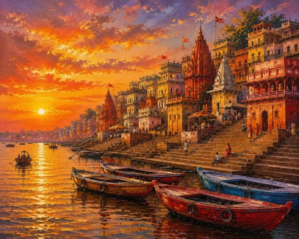 Varanasi Ghat Painting (ART-3319-123421) - Handpainted Art Painting - 48in X 36in
