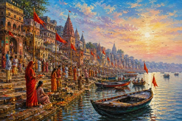 Varanasi Ghat Painting (ART-3319-123417) - Handpainted Art Painting - 48in X 36in